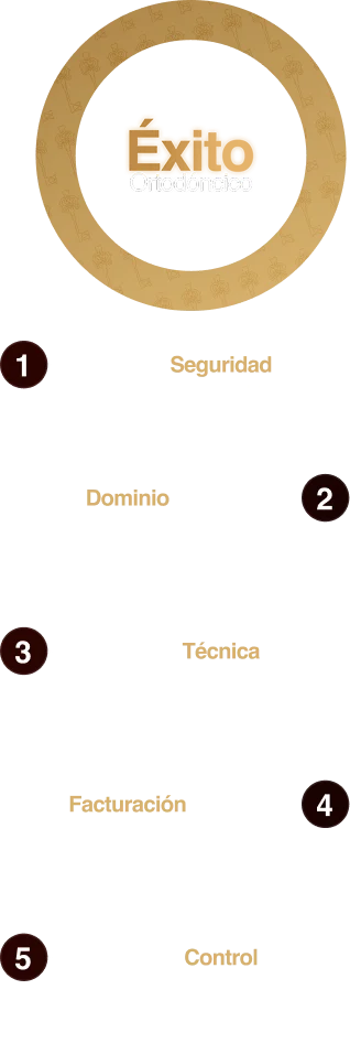 Infografía titulada 'Éxito Ortodóncico' con cinco secciones numeradas que explican los aspectos clave del éxito de la ortodoncia: 1. Seguridad - implica una planificación adecuada, higiene y cuidado de aparatos; 2. Dentición - implica un tratamiento oportuno para la dentición mixta; 3. Técnicas - uso de recursos diagnósticos y técnicos adecuados; 4. Postuación - aplicación de conceptos establecidos y biomecánica; 5. Control - seguimiento efectivo y monitoreo de casos.